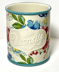 Pioneer Woman Stoneware Crock Utensil Holder Melody Blue Teal & Floral 5 1/2" - Picture 1 of 4