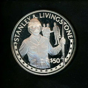1988 Cook Islands $50 Silver Proof Great Explorers Stanley & Livingstone Africa - Picture 1 of 5