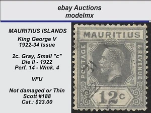 Mauritius - 1922-34,  Sc.#188, (Small "c"), King George V, VFU, Cat.$23.00 - Picture 1 of 2