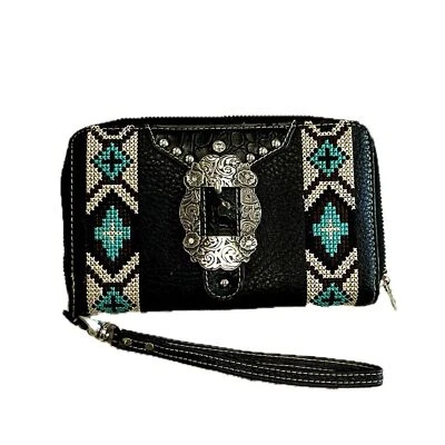 Montana West Negro Guijarro Imitación Cuero Wrislet Western Plata Estrás Tachonado Foto 1 de 4