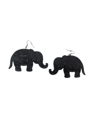 AL7 - XL Black Wooden Boho Elephant Light Weight Earrings - Image 1 of 4