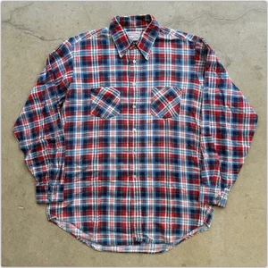 70s Sanforized 100% Cotton VALUE LINE Blue Red Plaid Flannel Work Shirt L 16 Vtg - Picture 1 of 14