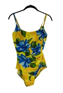 Vintage 80s Womens 14 Yellow Hawaiian Floral One Piece Swimsuit Bathing Suit USA - Picture 1 of 6
