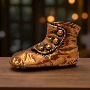 Primitive Old 2x3x5 Copper Plated Antique Leather Button Baby Boot Shoe - Picture 1 of 10