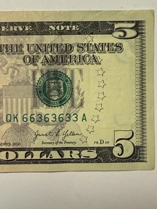 Binary 5 Dollar Bill $5 Note 6s 3s QK66363633A Fancy Serial Number Lincoln 2021 - Picture 1 of 10