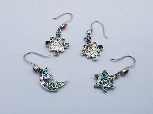 950 Sterling Silver Abalone Coral Turquoise Dangle Earrings Lot