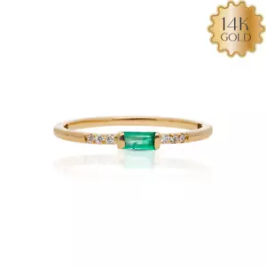Gold Genuine Diamond Baguette Shape Emerald Gemstone Ring Fine Jewelry - Picture 1 of 7