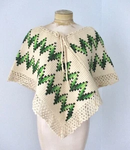 Vtg 60s Cream Crochet Sweater True Poncho Cape Green Cross Stitch Hippy One Size - Picture 1 of 5