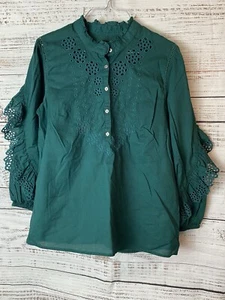 J. Crew Shirt Women’s Small Ruffle Sleeve Embroidered Eyelet Dark Spruce Green - Picture 1 of 10