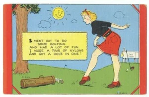 FEMALE GOLFER Gets HOLE IN ONE - Sexy GOLF HUMOR POEM - ca1940 Linen Comic - Picture 1 of 2