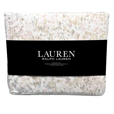 4pc Ralph Lauren Abstract Floral KING Sheet Set Pink Gray Beige Watercolor XDeep - Image 1 of 4