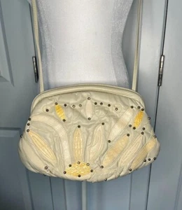 Vintage Purse Clutch Bag 1980s Cream Leather Snake with Beading Embroidery - Picture 1 of 11