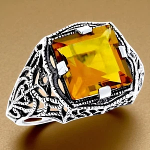 DECO ANTIQUE STYLE 925 STERLING SILVER 3 CT LAB CITRINE FILIGREE RING 525z - Picture 1 of 3
