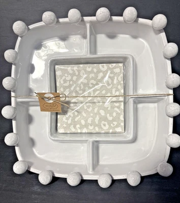 Mud Pie Beaded Divided 11 inch Tray Server Set New with Tags and Napkins - Image 1 of 4