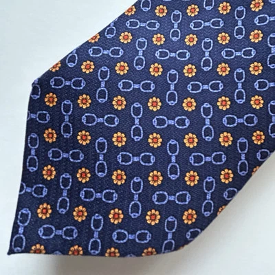 "Corbata Paolo Gucci azul marino amarillo margarita caballo ecuestre broca seda 3,75"" x 59""" Foto 1 de 4