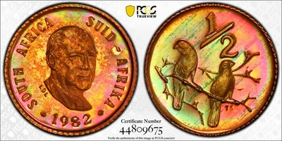1982 (PR65RB) Proof South Africa Half Cent 1/2C PCGS - Monster Toning - Image 1 of 3