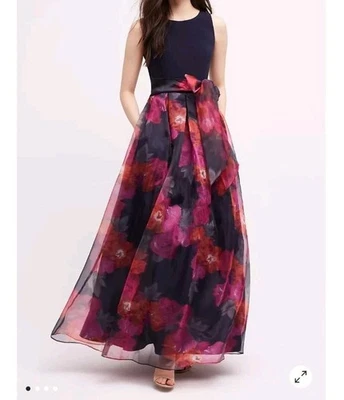 ELIZA J Epanoui Maxi Dress Gown  Floral Flounced Chiffon Side Tie Sash 8 READ  - Image 1 of 4