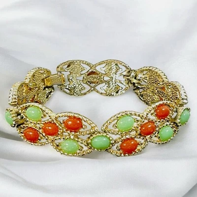 Винтажный браслет Sarah Coventry «Акапулько» — 1968 — зеленый и оранжевый — 7 дюймов - Изображение 1 из 4