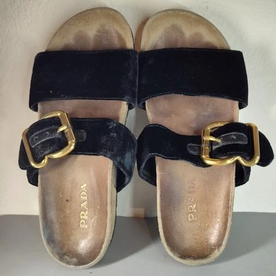 Sandalia Prada Terciopelo Dos Bandas Deslizable Plana En Negro Talla EU 37 US 7 Foto 1 de 4