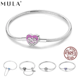 MULA European 925 Sterling Silver Heart Clasp Charm Bracelet for Women Jewelry - Picture 1 of 61