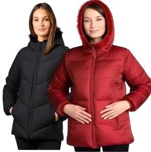 Damen Kunstfellbesatz abnehmbare Kapuze Langarm warm wattiert Winterjacke Mäntel - Bild 1 von 9