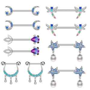 14G Nipple Ring for Women 316L Stainless Steel Starfish Moon Barbell Nipple Ring