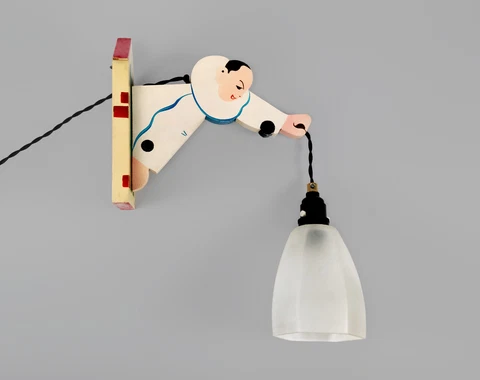 Art Deco French Hand-Painted Wooden Pierrot Wall Lamp - Signed 'Lecocq' Cover