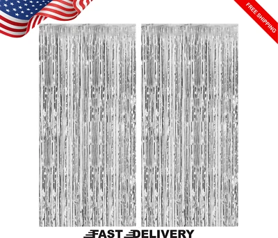 Paquete de 2 cortinas de aluminio telón de fondo plateado metálico oropel lámina flecos cortinas foto B Foto 1 de 4