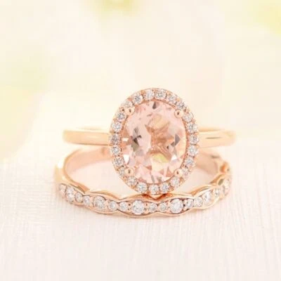1.3ct Natural Morganite & Diamond Bridal Set Engagement Ring 14k SOLID Rose Gold - Image 1 of 4