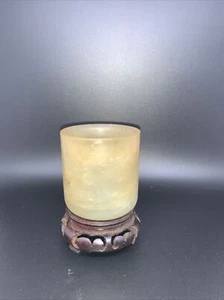 Vintage Chinese White Yellow Hetian Jade Teacup Translucent Fine Carved w Stand - Picture 1 of 6