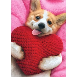 Corgi Holding Heart Pillow on Pink Blanket Cute Dog Valentine's Day Card - Picture 1 of 2
