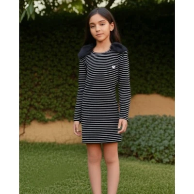 NWT IKKS Kids Black and White Striped Long Sleeve Dress Sz 8-10 Faux Fur Detail - Image 1 of 4