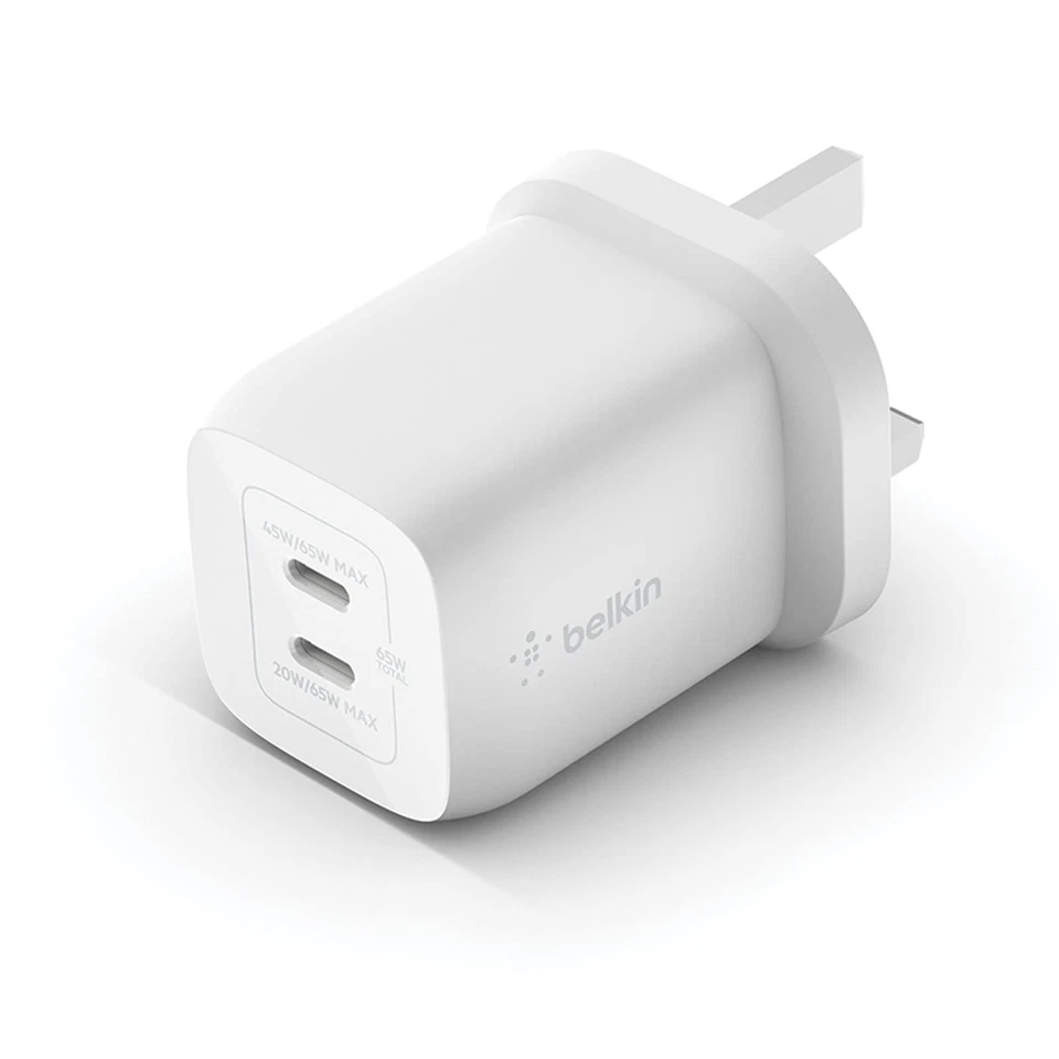 Belkin 65W Dual USB Type C Wall Charger, Fast Charging Power Delivery 3.0 with G - Image 1 of 4
