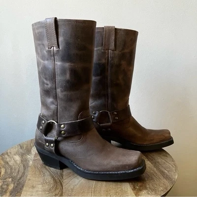 Nicole | Natural Brown Weathered Leather Tall Block Heeled Harness Moto Boot - Image 1 of 4