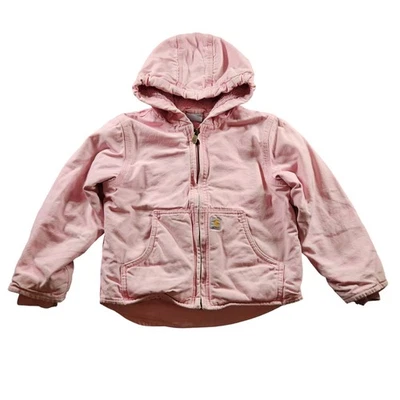 Carhartt Hooded Jacket Girls XS 6 Pink Canvas Sherpa Lined Zip Front Pockets - Image 1 of 4