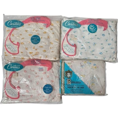 Lot Of 4 Vintage 1960s Carter's Babycrest Cotton Knit Crib Sheets Assorted Print - Image 1 of 4