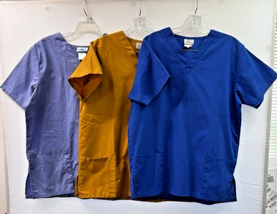 LOT OF 3 WOMENS MEDIUM SCRUB TOPS SB SCRUBS LAVENDER & BLUE & WHITE SWAN GOLD - Image 1 of 4
