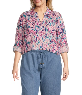 Top Westbound para mujer Plus 1X lino rosa estampado botón cuello en V manga lengüeta enrollable Foto 1 de 4