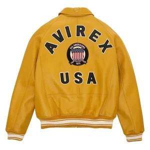 Women's Avirex Yellow American Cropped Icon Genuine Cowhide Leather Biker Jacket - Picture 1 of 4