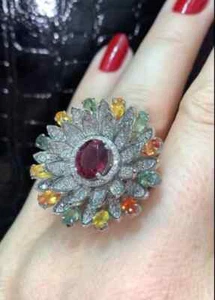 Women's Fabulous Flower Wedding Ring With 5.41TCW Simulated Multi Color Gemstone - Picture 1 of 8