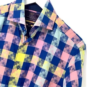 Hawes & Curtis London Shirt Size Medium M Long Sleeve Mens Blue Yellow Pink York - Picture 1 of 10