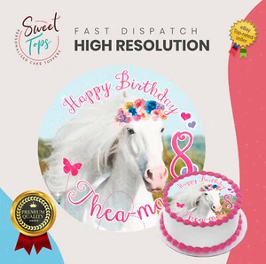 HORSE ROUND EDIBLE BIRTHDAY CAKE TOPPER DECORATION PERSONALISED - Picture 1 of 1