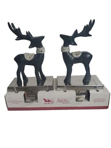 Sleigh Hill Metal Stocking Holder Reindeer Set of 2 Christmas Holiday Wood - Picture 1 of 5