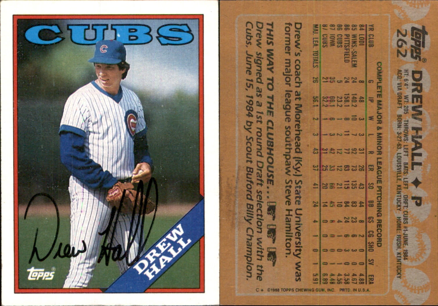 Drew Hall Signed 1988 Topps #262 Card Chicago Cubs Auto AU