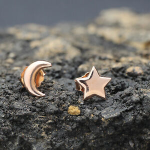 Asymmetry Symbol Moon Star Stud Earrings 14K Rose Gold Plated Sterling Silver