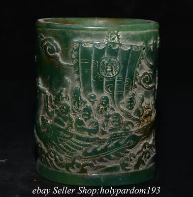 3.8  Old Chinese Green Jade Carved Phoenix 7 Figure Brush Pot Pencil Vase Pot • 130.90$