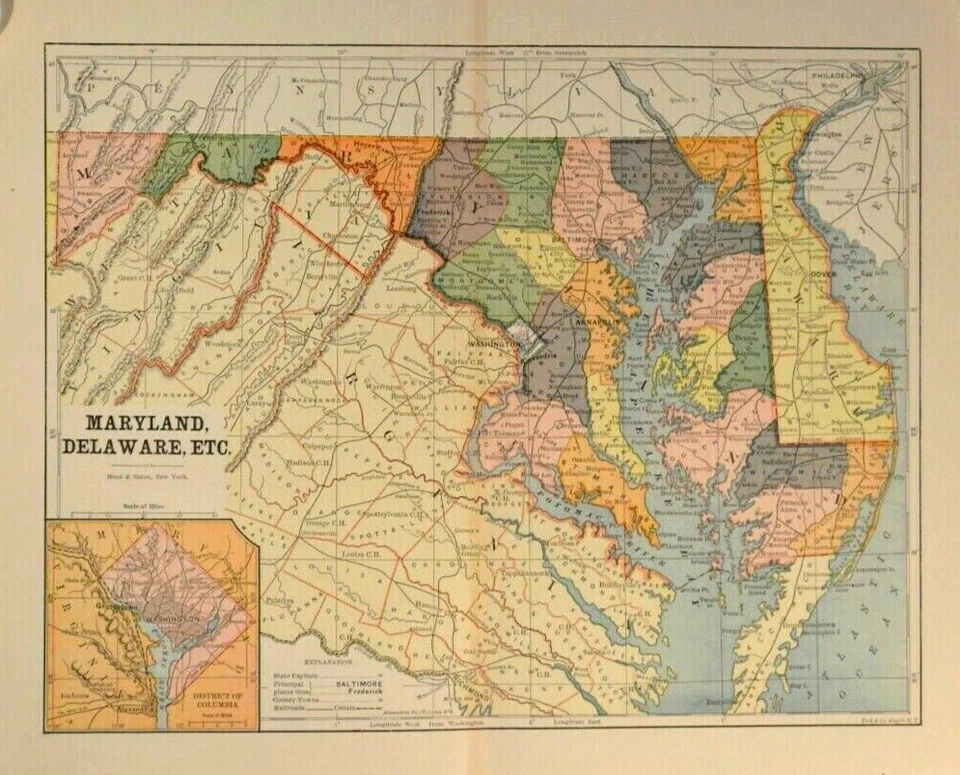 MAPA ANTIGUO COLORIDO DE MARYLAND Y DELAWARE, recuadro del Distrito de Columbia Foto 1 de 4