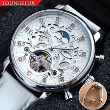 Mens Automatic Mechanical Watch Date Day Silver White White Leather Deployant