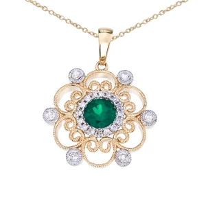 14k Two-Tone Emerald and Diamond Filigree Pendant with 18" Chain - Picture 1 of 3