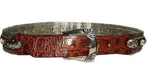 NANNI Belt Mesh Crystal Crocodile Embossed Brown Leather Size 70 US 28 - Picture 1 of 6